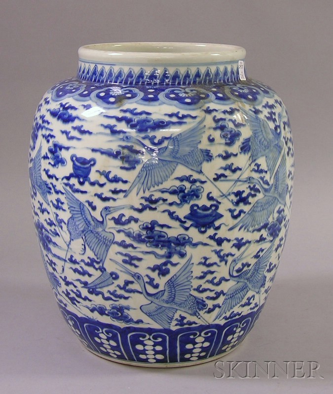 Appraisal: Large Blue and White Asian Ceramic Jar decorated with cranes