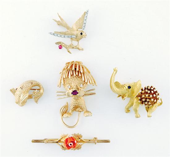 Appraisal: Group of figural brooches bar brooch set with stone flower