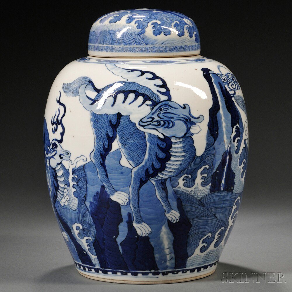 Appraisal: Blue and White Covered Jar China th century decorated with