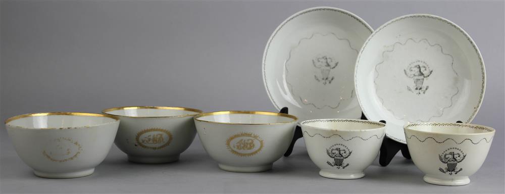 Appraisal: TWO ENGLISH AMERICAN MARKET TEABOWLS AND SAUCERS AND THREE CHINESE