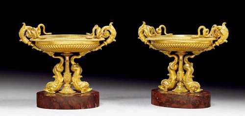 Appraisal: PAIR OF SMALL ORNAMENTAL BOWLS AUX DAUPHINS Restauration Russia circa