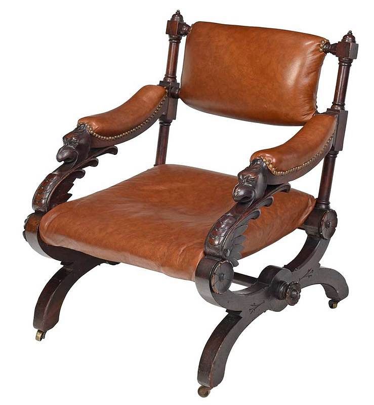 Appraisal: Hunzinger Attributed Carved Walnut Armchair American late th century walnut