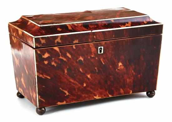 Appraisal: Regency tortoiseshell tea caddy early th century rectangular hinged top