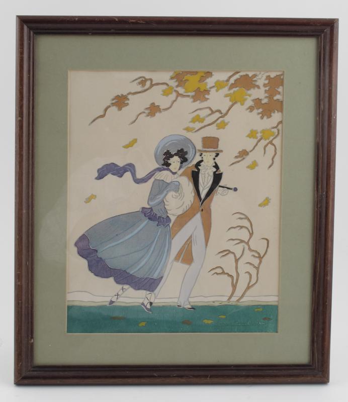 Appraisal: An Art Deco hand-coloured print on paper of a promenading