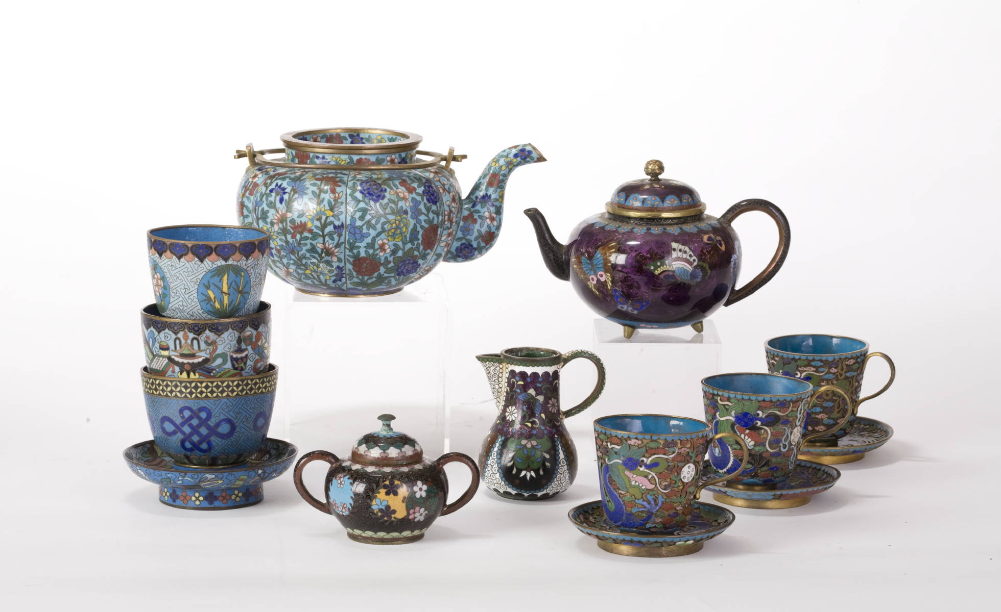 Appraisal: GROUP OF CHINESE CLOISONNE TEAWARES INCLUDING TEAPOTS CUPS AND SAUCERS