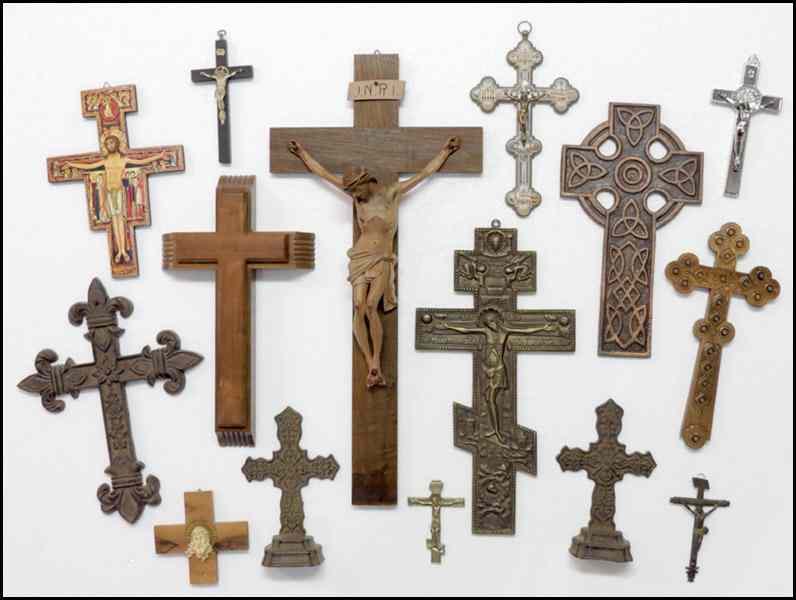 Appraisal: MICRO MOSAIC CRUCIFIX Together with a collection of patinated metal