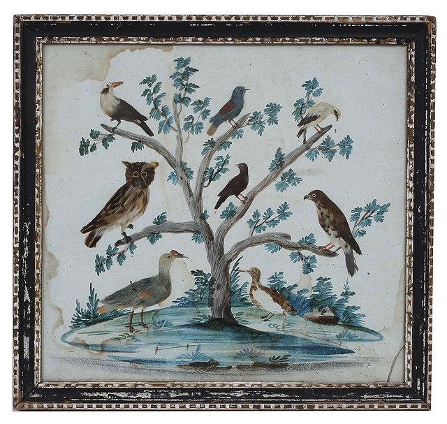 Appraisal: AN ANTIQUE WATERCOLOUR AND FEATHER PICTURE depicting birds within a