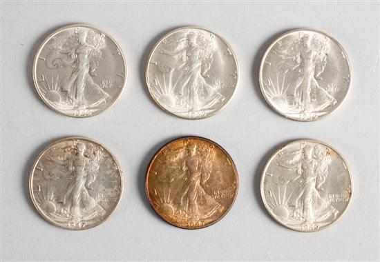 Appraisal: Six United States Walking Liberty silver half dollars - comprising