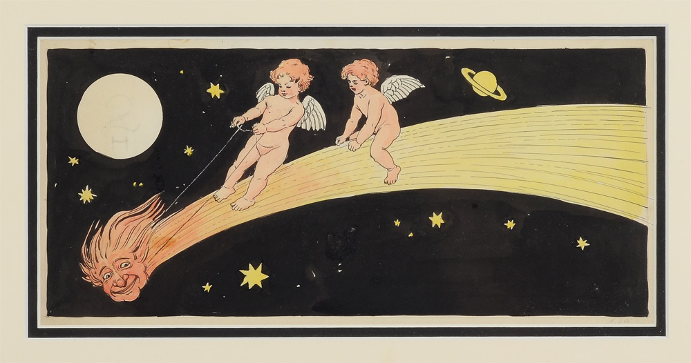 Appraisal: ILLUSTRATION WITH ANGELS RIDING COMET Pen and watercolor illustration of