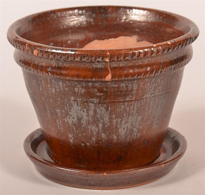 Appraisal: PA Redware Coggle Edge Flowerpot PA Redware Coggle Edge Flowerpot