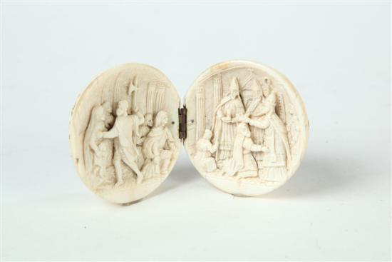 Appraisal: IVORY DIPTYCH European late th century Carved sphere divided in