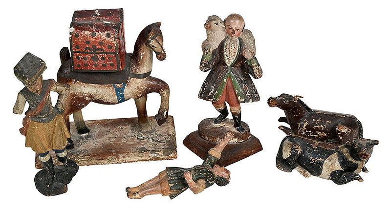 Appraisal: Six Polychromed Santos and Creche Figures Spanish Colonial late th