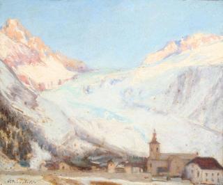 Appraisal: ARTIST SIGNED SWISS PAINTING SWISS SCHOOL th century Alpine Village