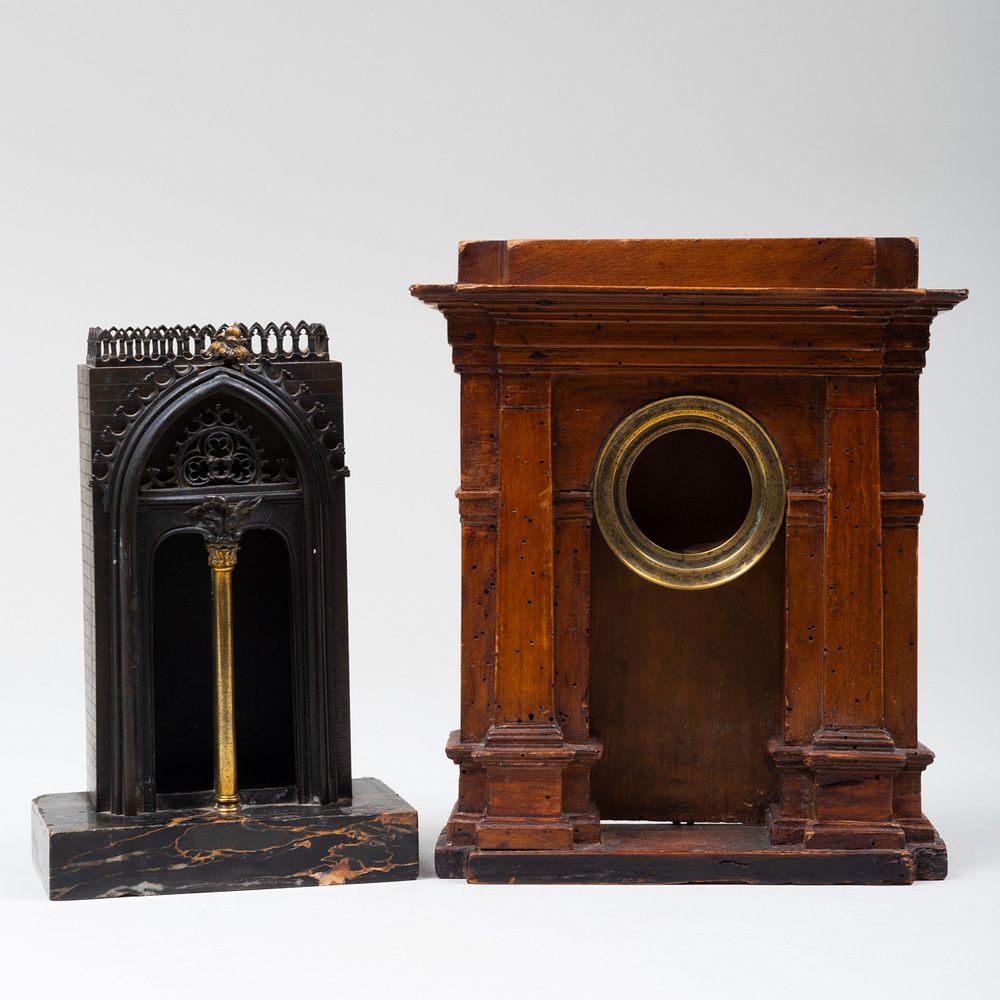 Appraisal: Neoclassical Brass-Mounted Stained Wood Watch Holder and a Neo-Gothic Patinated-Metal