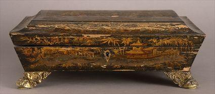 Appraisal: REGENCY BRASS-MOUNTED BLACK LACQUER SEWING BOX The hinged flattened dome