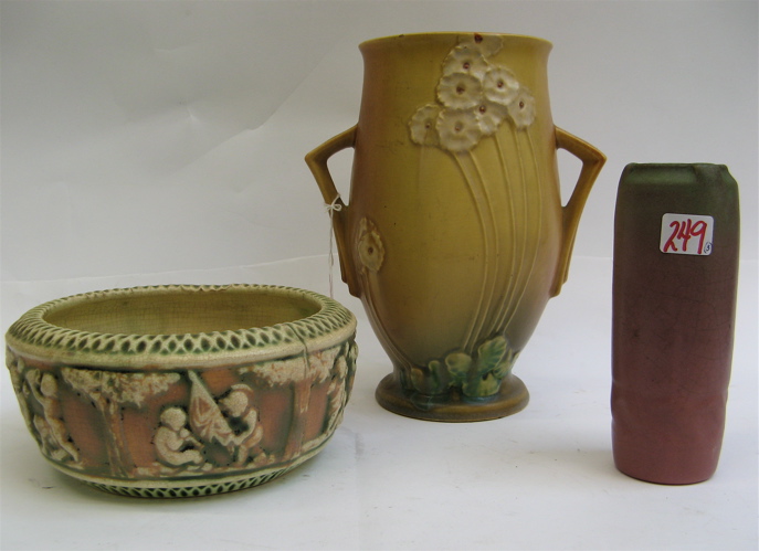 Appraisal: THREE PIECES AMERICAN ART POTTERY including a Rookwood vase green