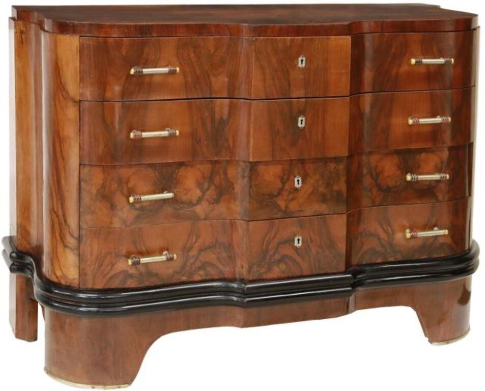 Appraisal: Italian Art Deco burlwood commode c s having shaped top