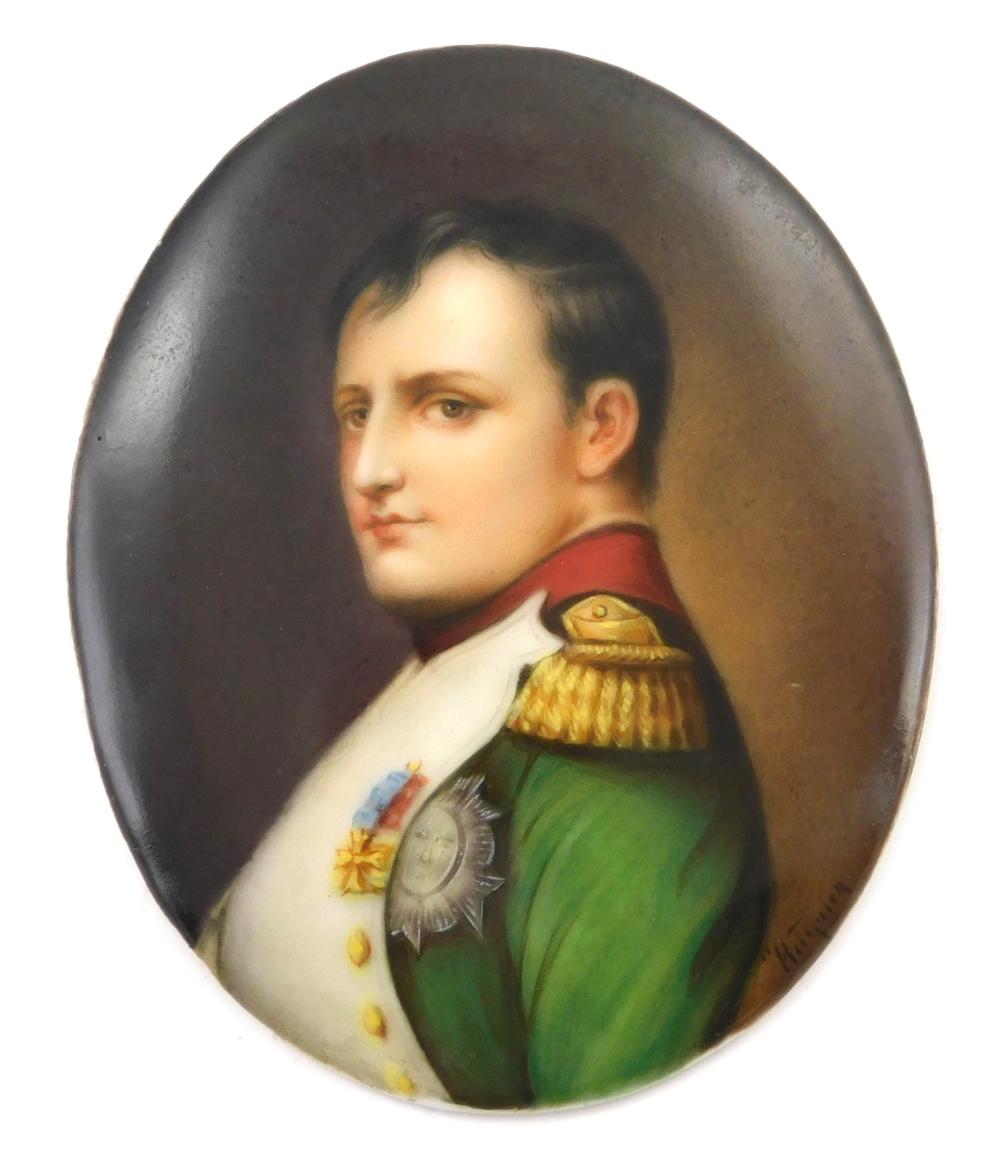 Appraisal: MINIATURE Napoleon profile portrait oval porcelain support wearing green jacket