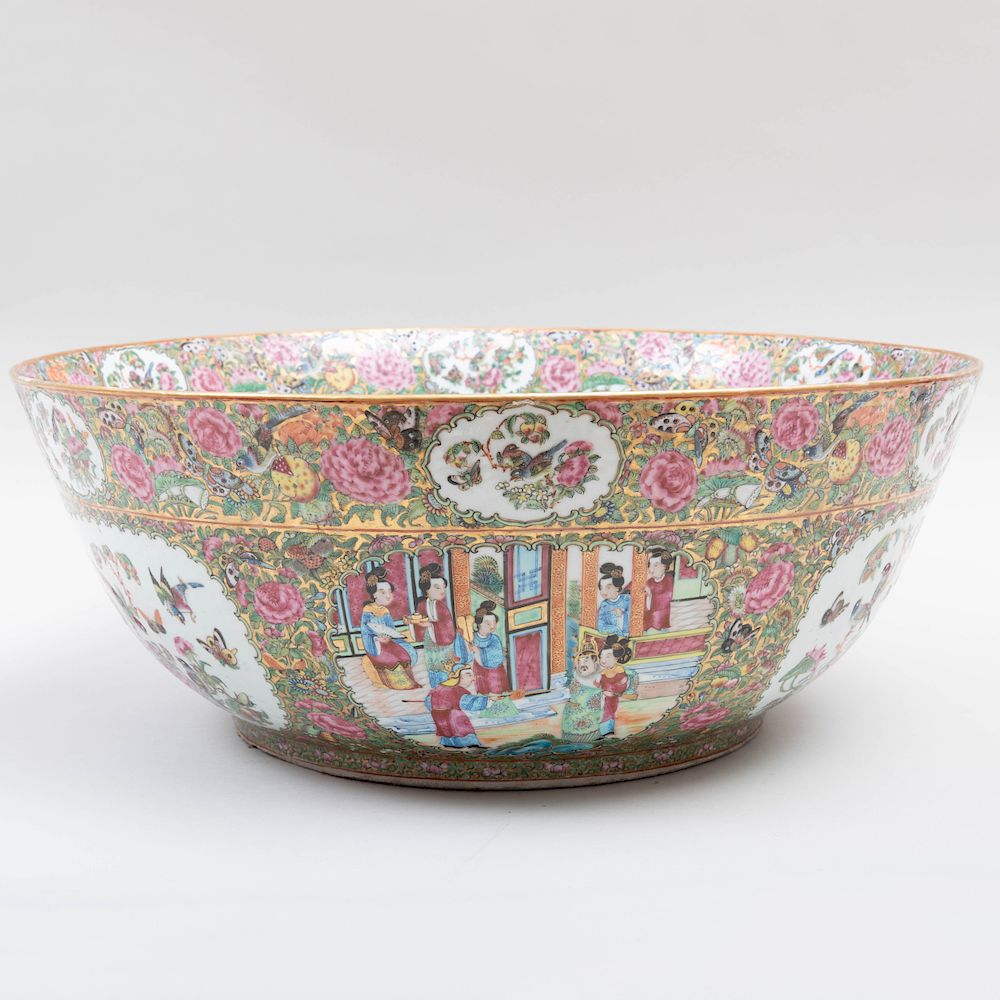 Appraisal: Chinese Export Porcelain Rose Medallion Punch Bowl Chinese Export Porcelain