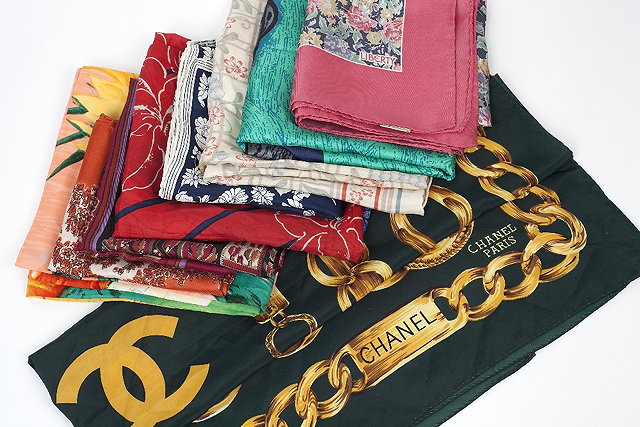 Appraisal: A s silk scarf by Chanel with central monogram framed