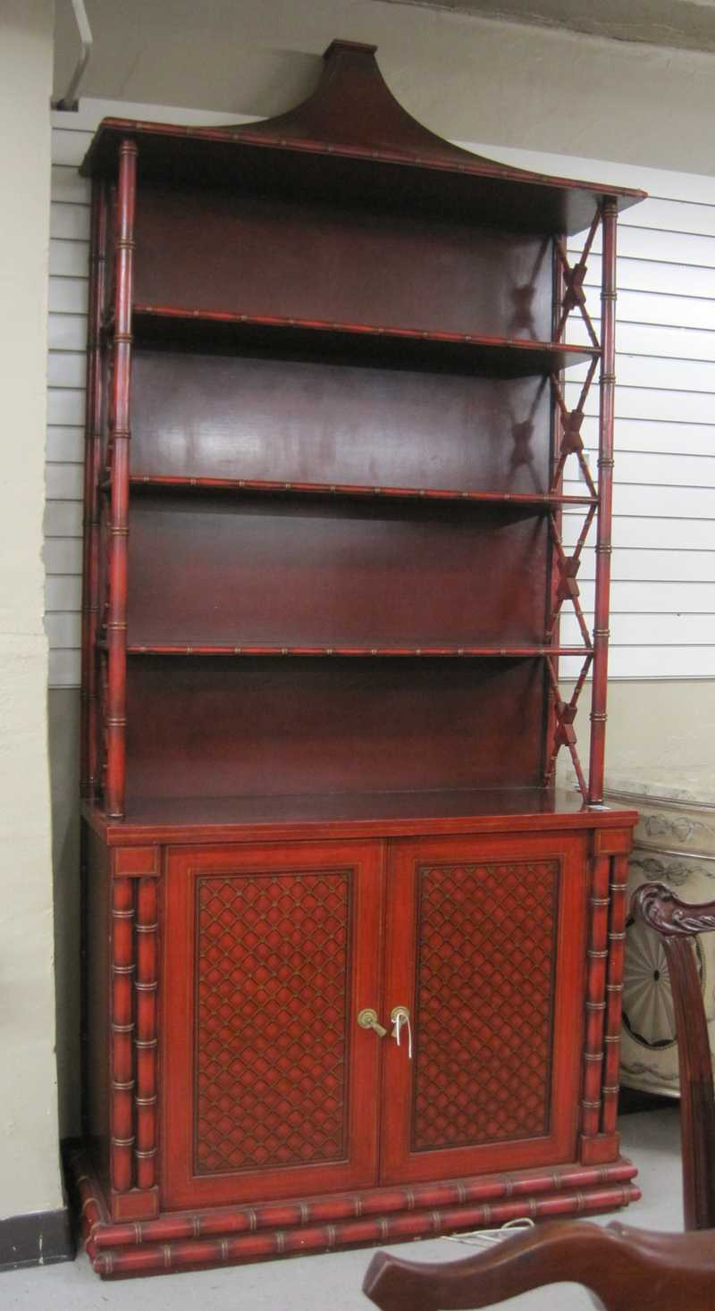 Appraisal: CHINOISSERIE ETAGERE ON CABINET American mid- th century having three