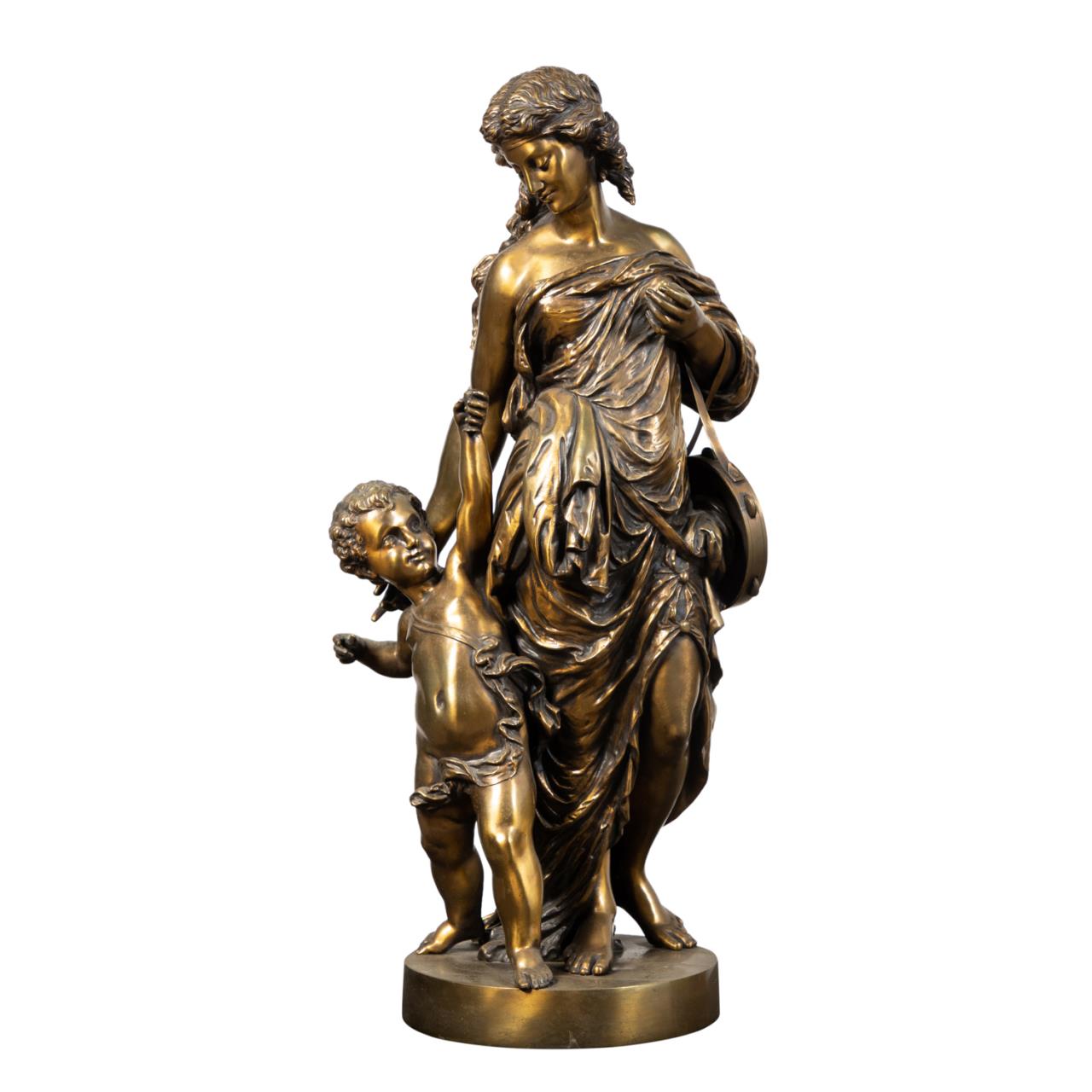 Appraisal: ITALIAN SCHOOL BRONZE SCULPTURE WOMAN WITH CUPID Italian School untitled