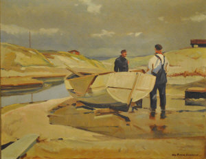 Appraisal: th century French school - Fisherman and boats on beach