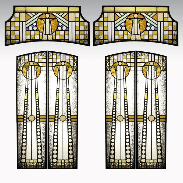 Appraisal: FRENCH ARTS CRAFTSSet of six leaded-glass windows in a Secessionist