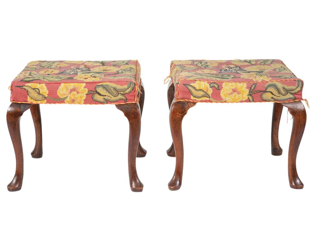 Appraisal: Pair of English Tabouret Queen Anne stools with needlepoint seats