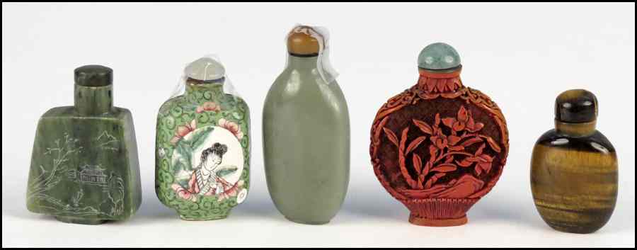 Appraisal: TIGER'S EYE SNUFF BOTTLE Together with four snuff bottles Tiger's