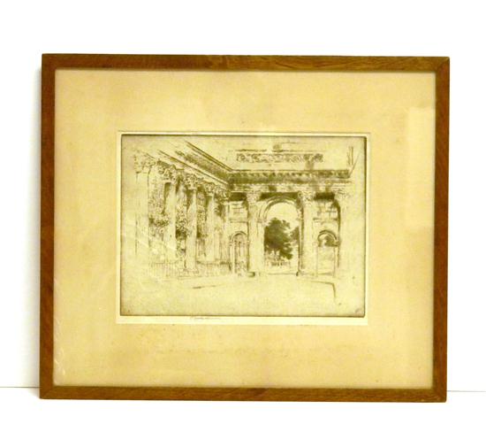 Appraisal: Joseph Pennell American - etching of outdoor terrace with Corinthian