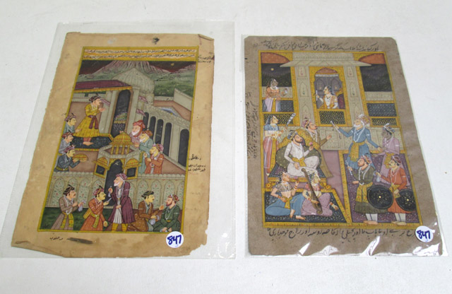 Appraisal: TWO PERSIAN MANUSCRIPT LEAVES depicting a palace courtyard and interior