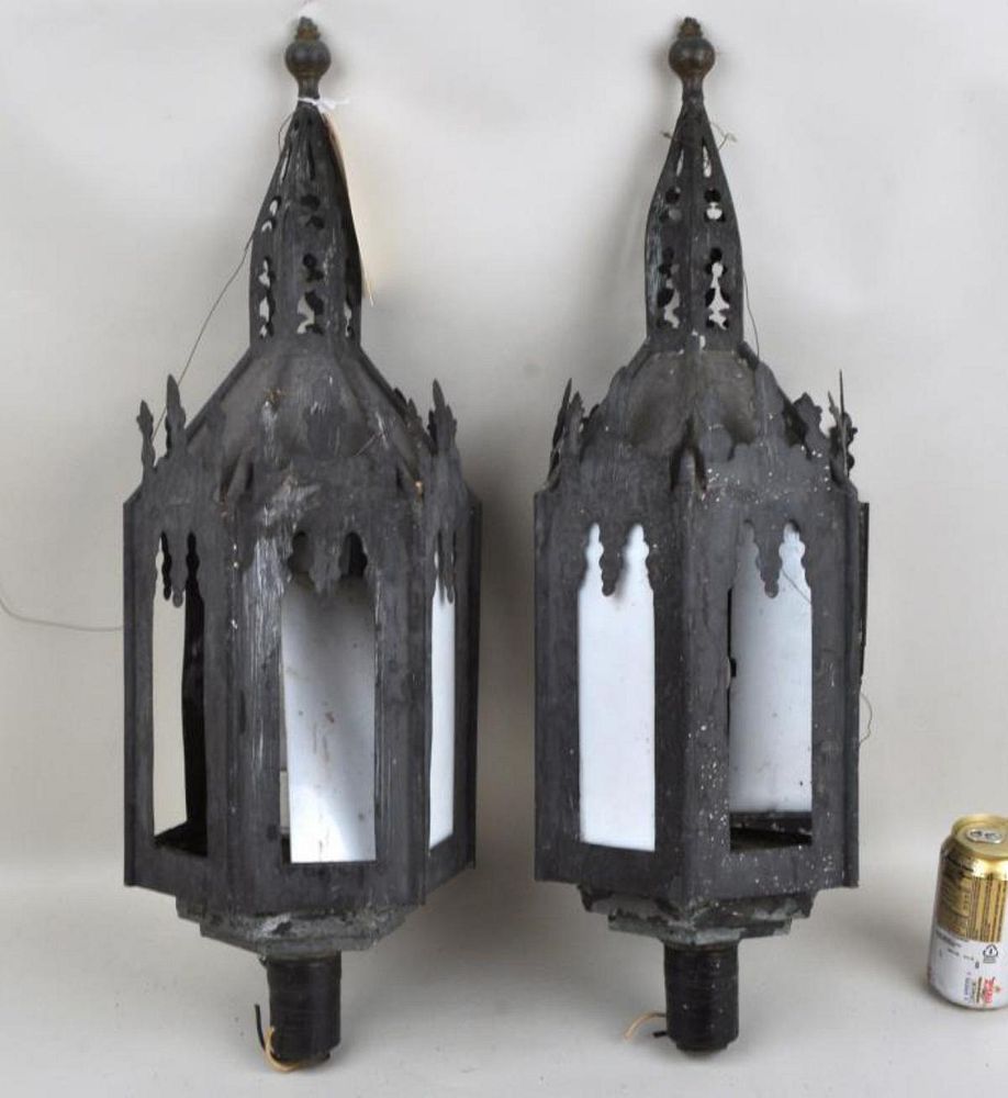 Appraisal: Pair Antique Neo-Gothic Toleware Lanterns steeple form with milk glass