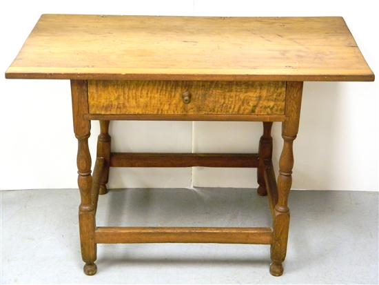 Appraisal: Tavern form table with figured maple front drawer turned legs