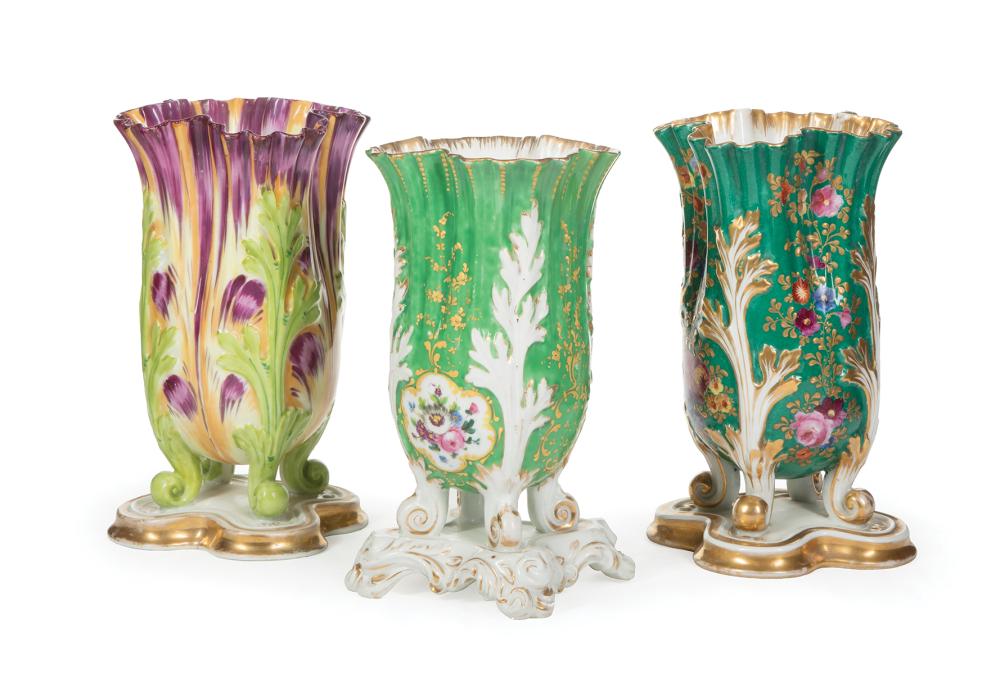 Appraisal: Three Paris Polychrome and Gilt Porcelain Flare Vases th c