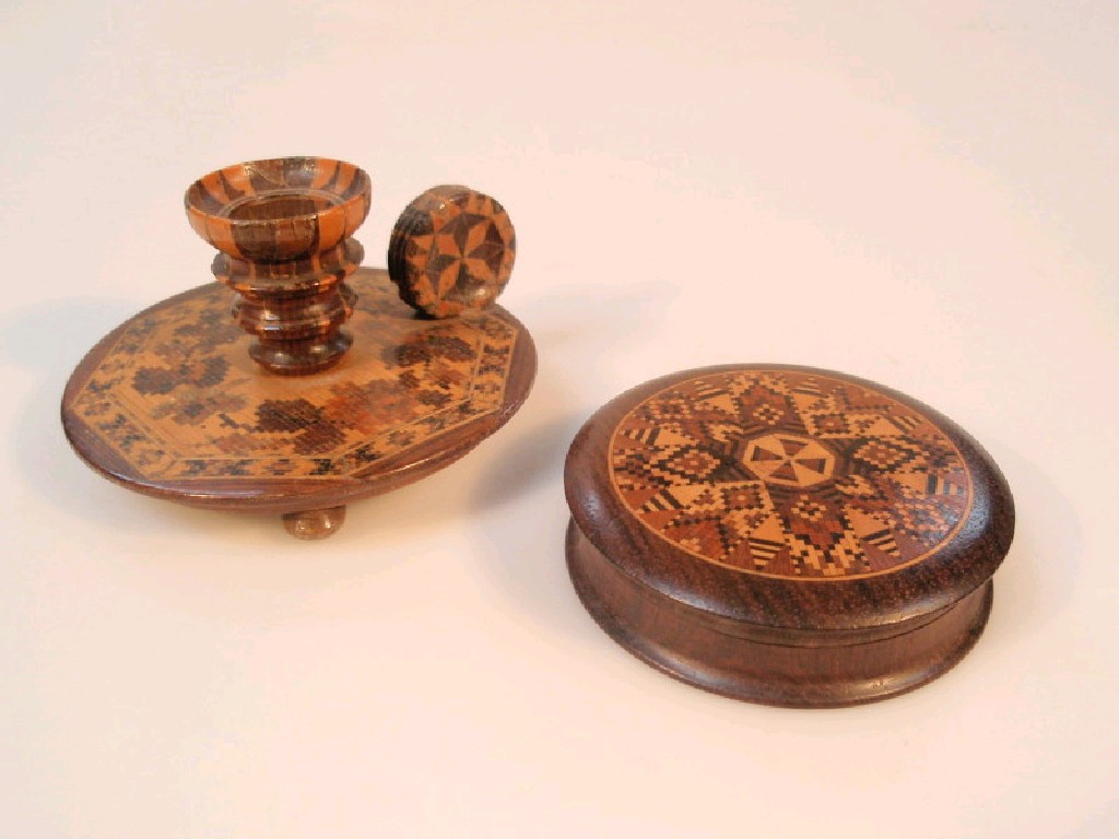 Appraisal: A Tunbridge ware rosewood circular box and cover the cover