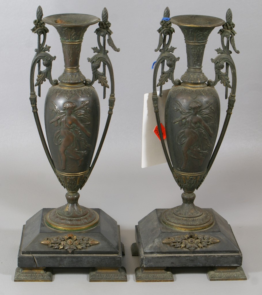 Appraisal: Pr French bronze urn form garniture tall open looped handles