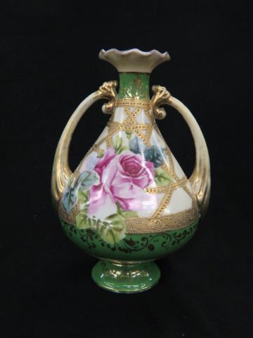 Appraisal: Nippon Handpainted Porcelain Vase rose decor with gold lattice design