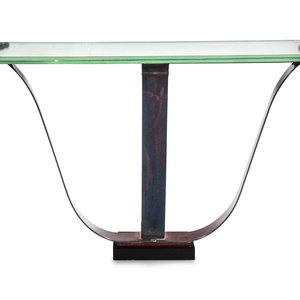 Appraisal: An Iron and Glass Console Table Attributed to Raymond Subes