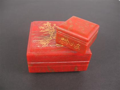 Appraisal: Chinese 'chicken blood' stone seal and fitted box Republic period