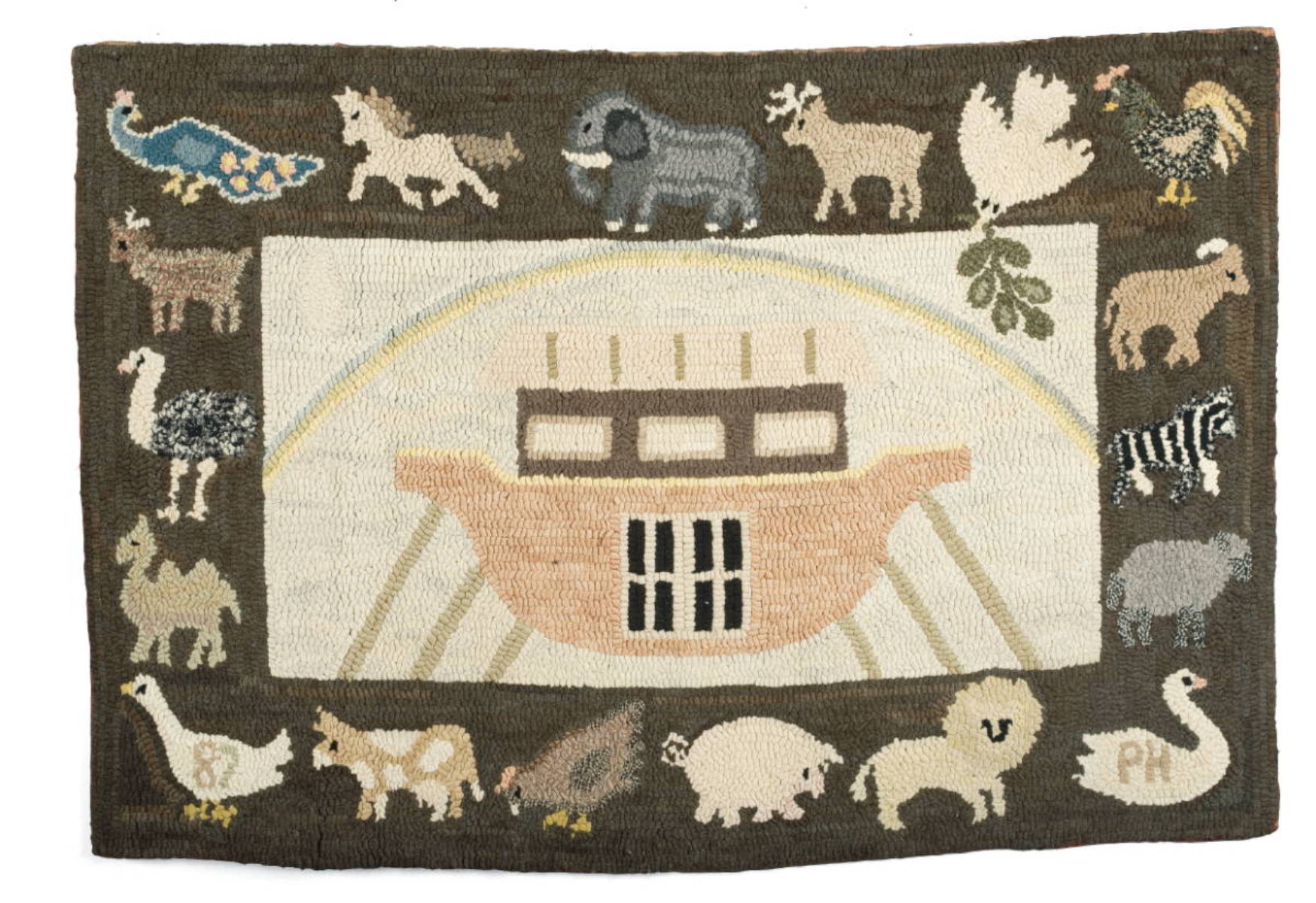 Appraisal: AMERICAN PICTORIAL HOOKED RUG DEPICTING NOAH quot S ARK WITHIN