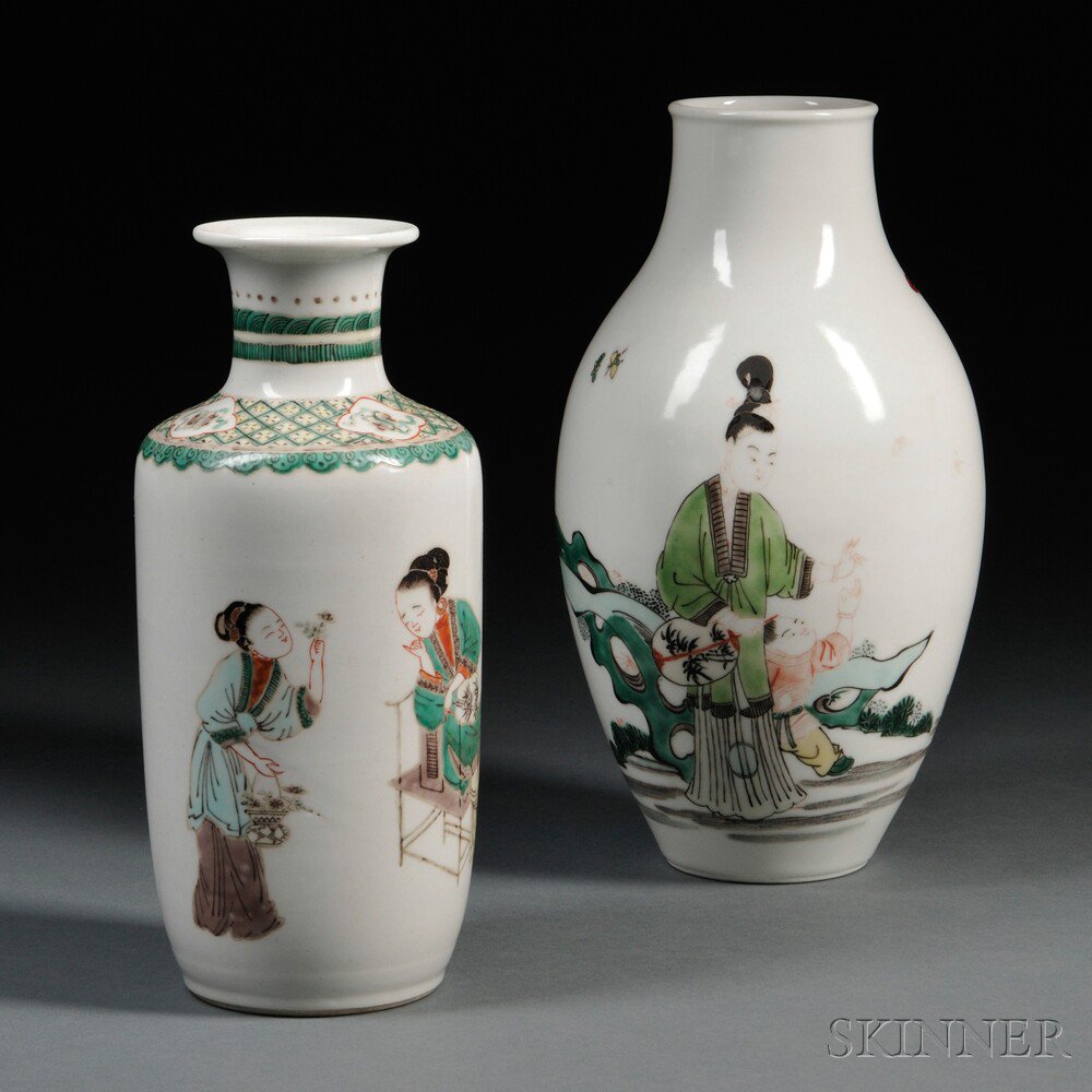 Appraisal: Two Famille Verte Vases China ovoid and rouleau form painted