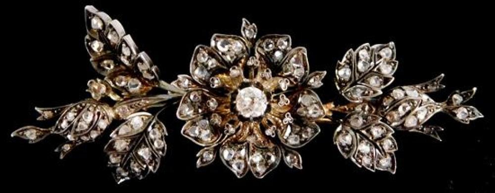 Appraisal: JEWELRY Antique Diamond Brooch Floral setting Tested k yellow gold