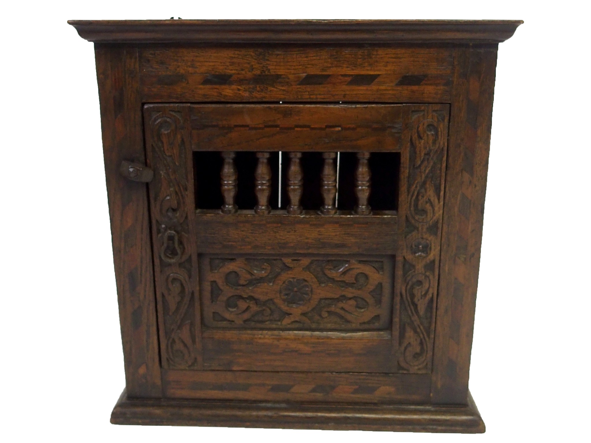 Appraisal: A th Century style oak bread cagewith chequer line inlay