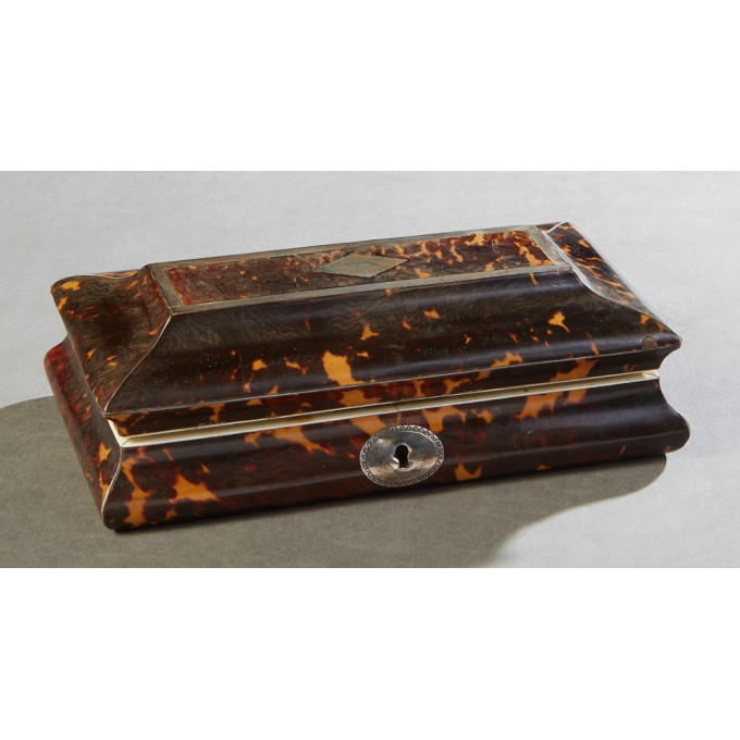 Appraisal: Tortoise Shell Silver Mounted Sewing Box th c the sloping