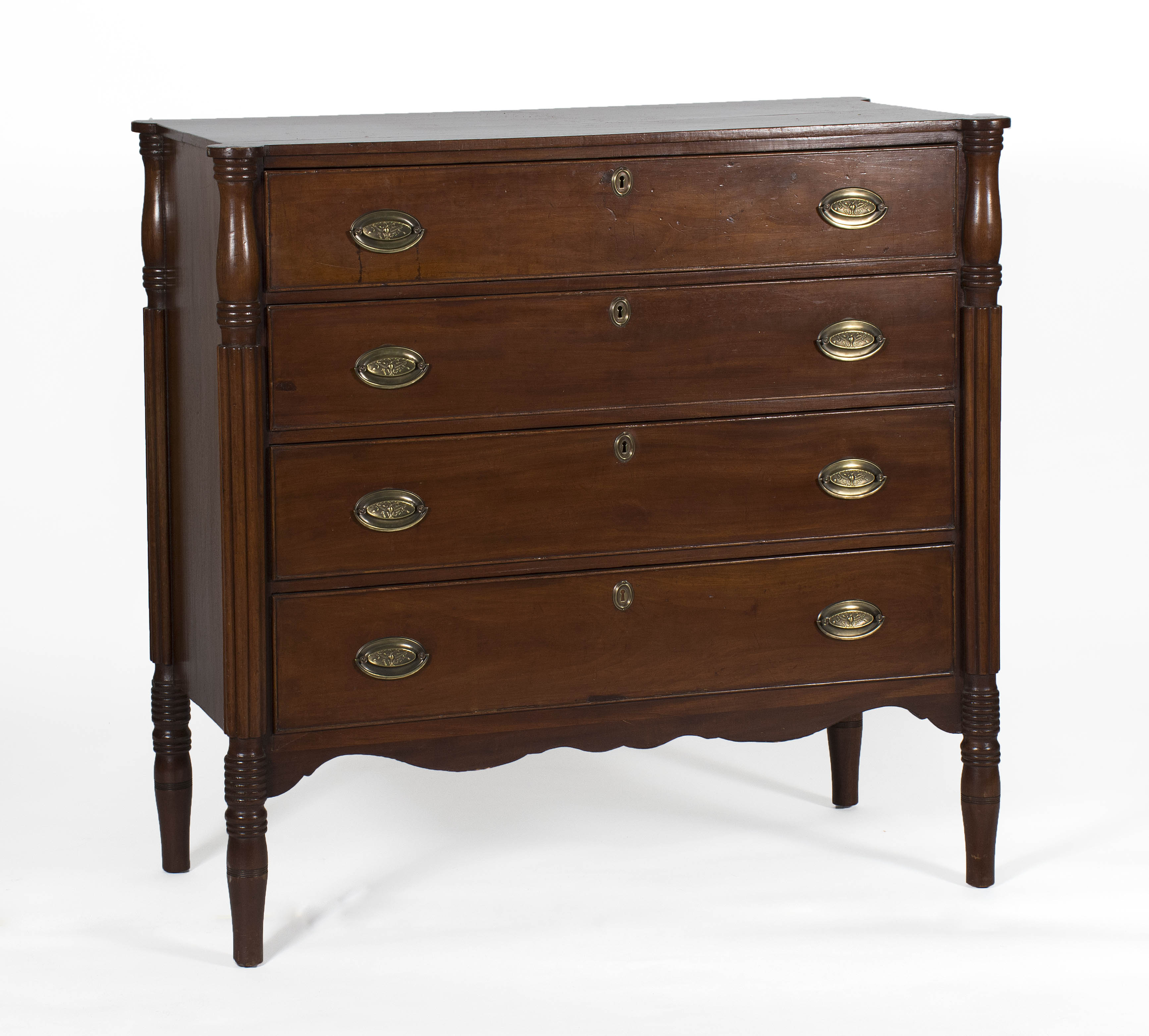 Appraisal: ANTIQUE AMERICAN SHERATON BUREAU Circa In mahogany Four graduated drawers