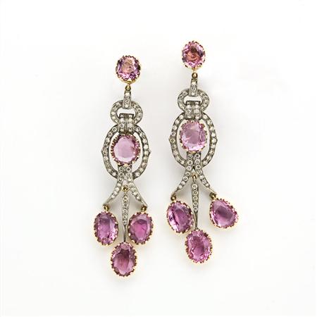 Appraisal: Pair of Diamond and Pink Tourmaline Pendant-Earrings Estimate -