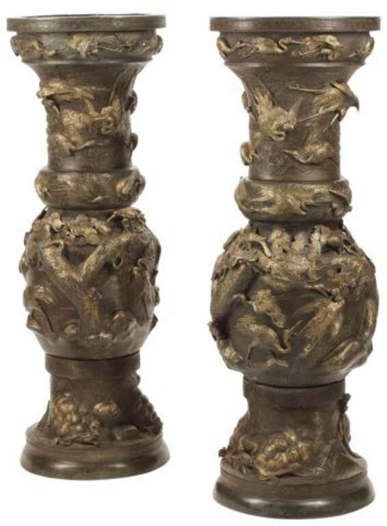 Appraisal: MONUMENTAL JAPANESE BRONZE VASES pair Monumental Japanese bronze vases one