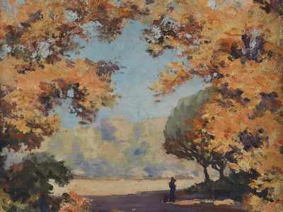 Appraisal: Anonymous Artist Early autumn landscape with figure Oil on canvas