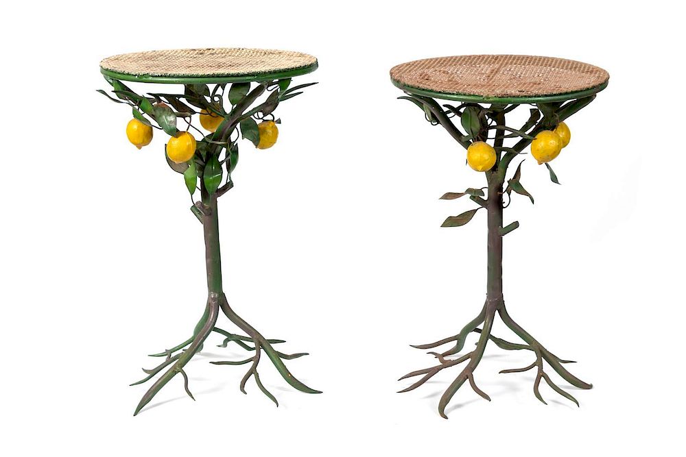 Appraisal: A Pair of Whimsical Painted Metal Lemon Tree Occassional Tables